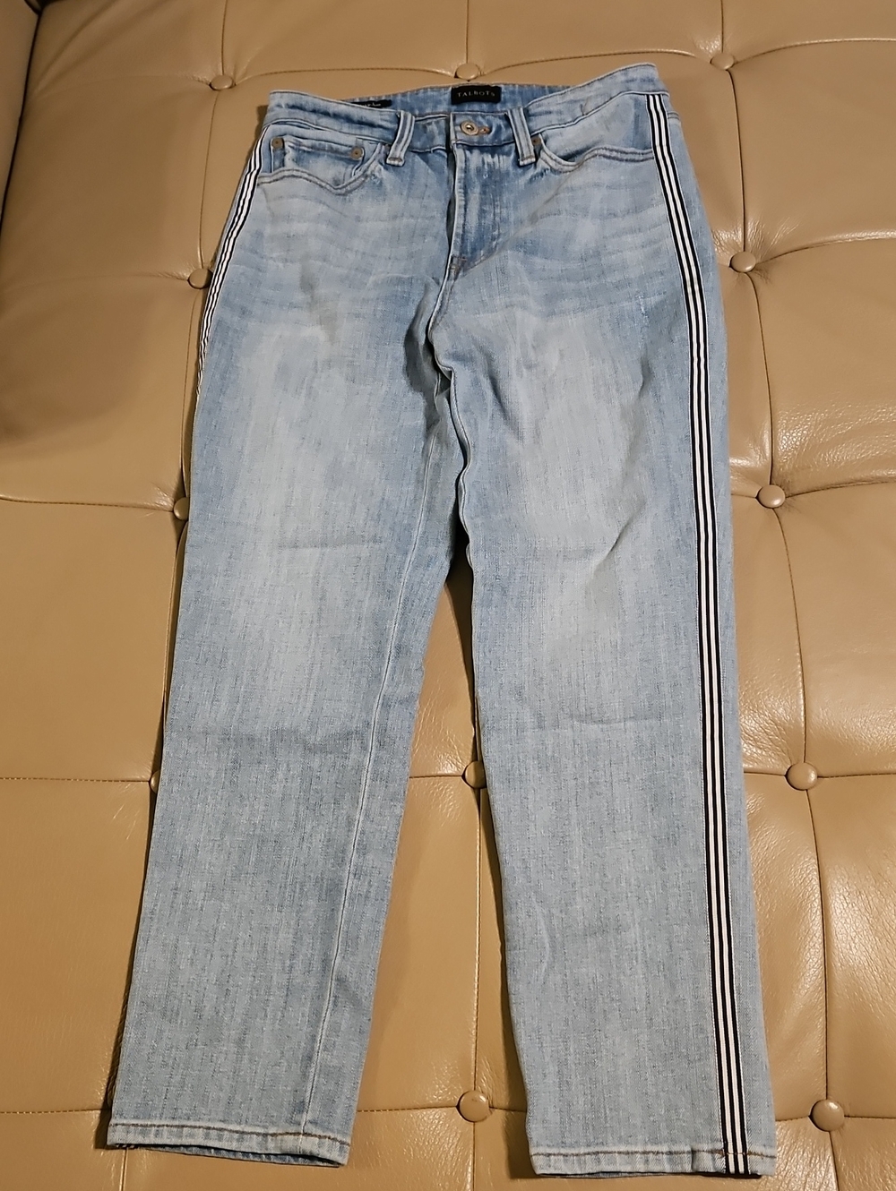 Talbots Modern Ankle Jeans Size 2 High Rise Side Ribbon Stripe Light Medium Wash